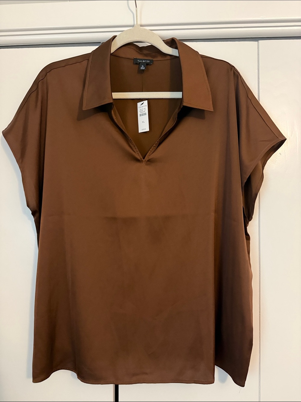 Talbots Chocolate Brown Short-Sleeve V-Neck Collared Blouse